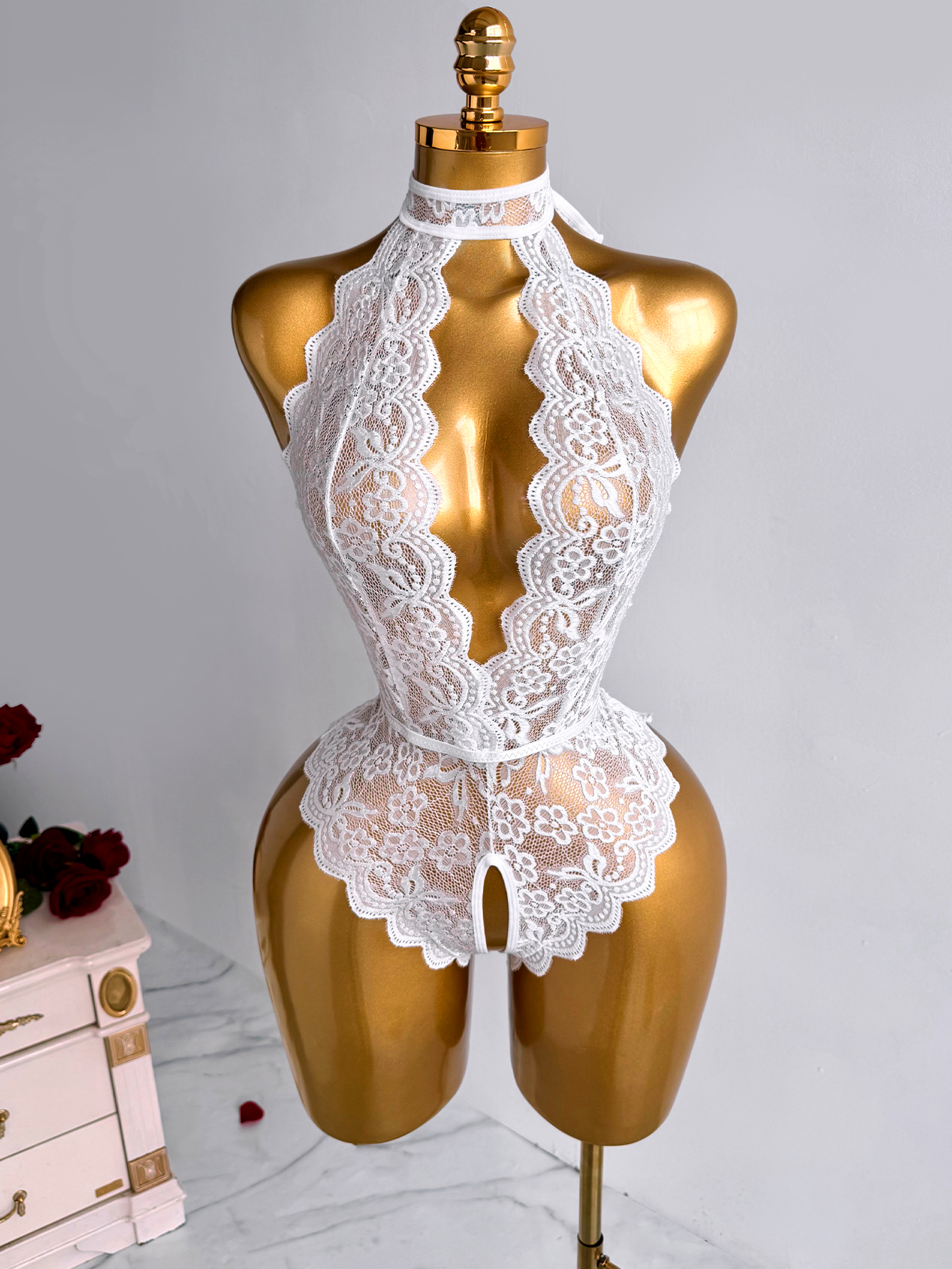 White Halter Neck Floral Lace  - огляд і ціна Lace Teddy Lingerie