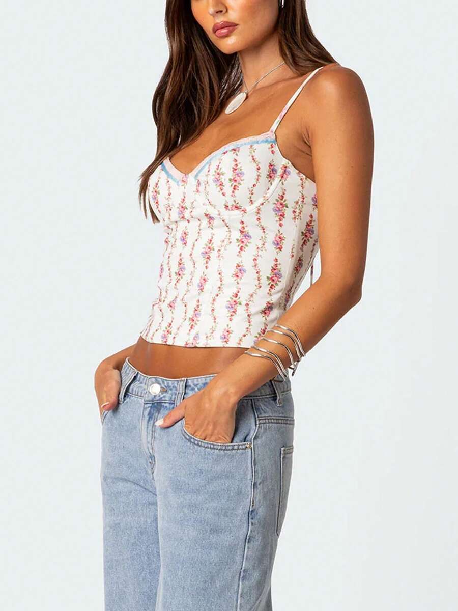 Women Floral Print Tie Strap V - огляд і ціна Cami Top Lace