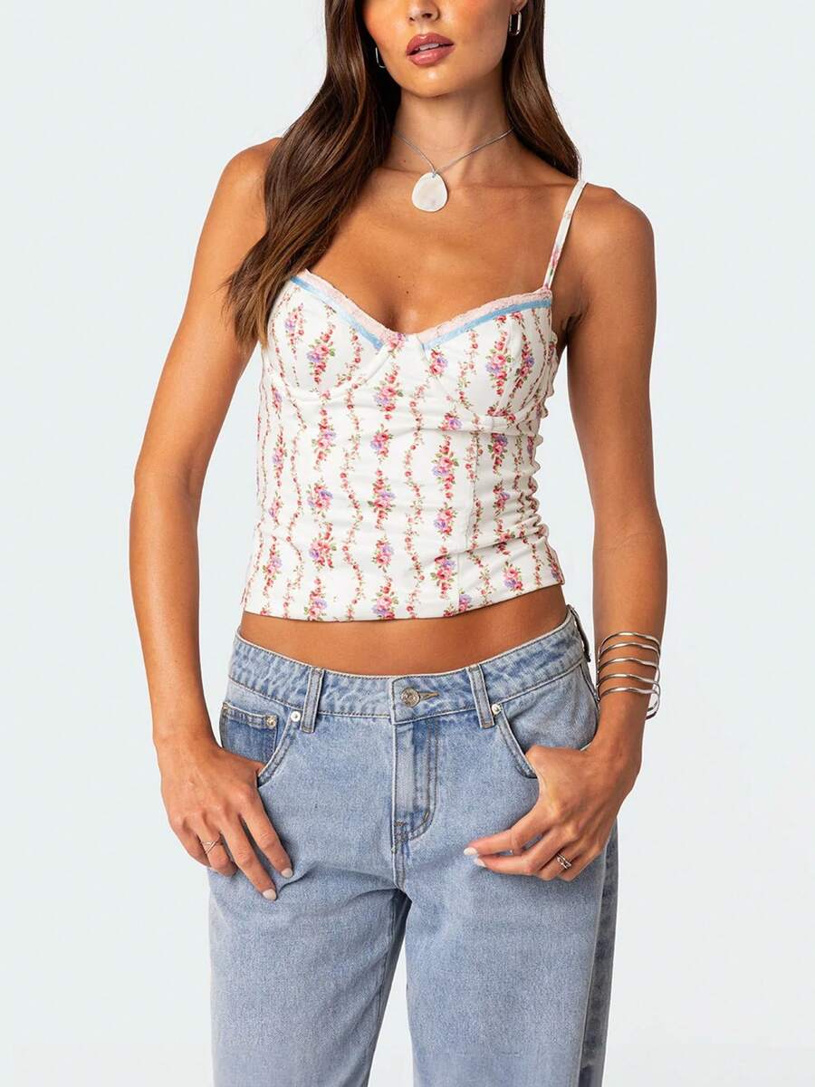 Women Floral Print Tie Strap V - огляд і ціна Cami Top Lace